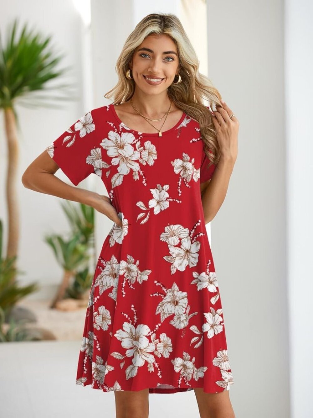 Women's Floral Red Casual Loose Swing Tunic Short Sleeve Sun Mini Shirt Dress - Picture 2 of 6